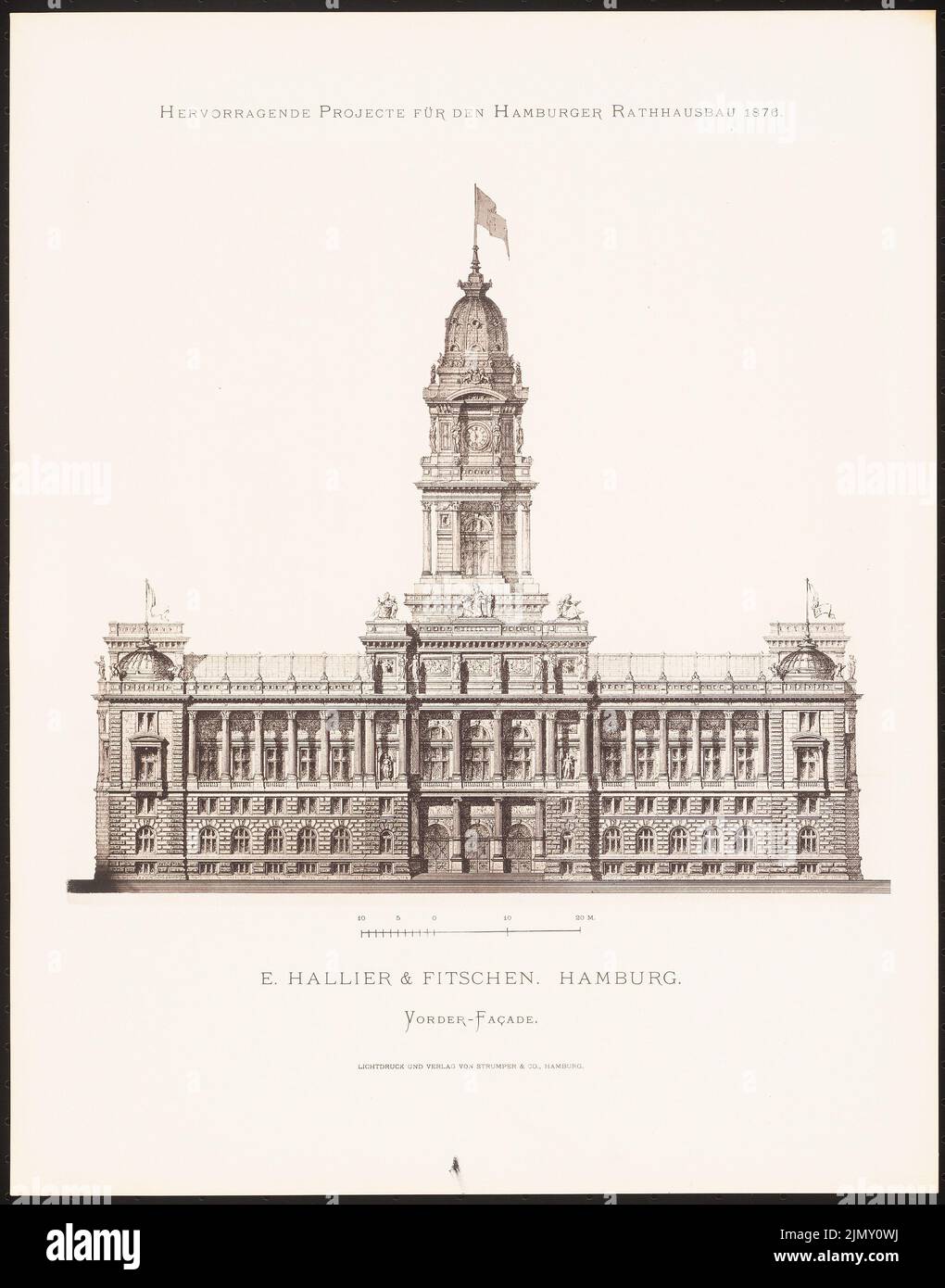 Hallier & Fitschen, progetti eccellenti per la costruzione del municipio di Amburgo nel 1876 (1876-1876): Vista dal fronte. Leggera pressione sulla carta, 45 x 35,3 cm (inclusi i bordi di scansione) Foto Stock