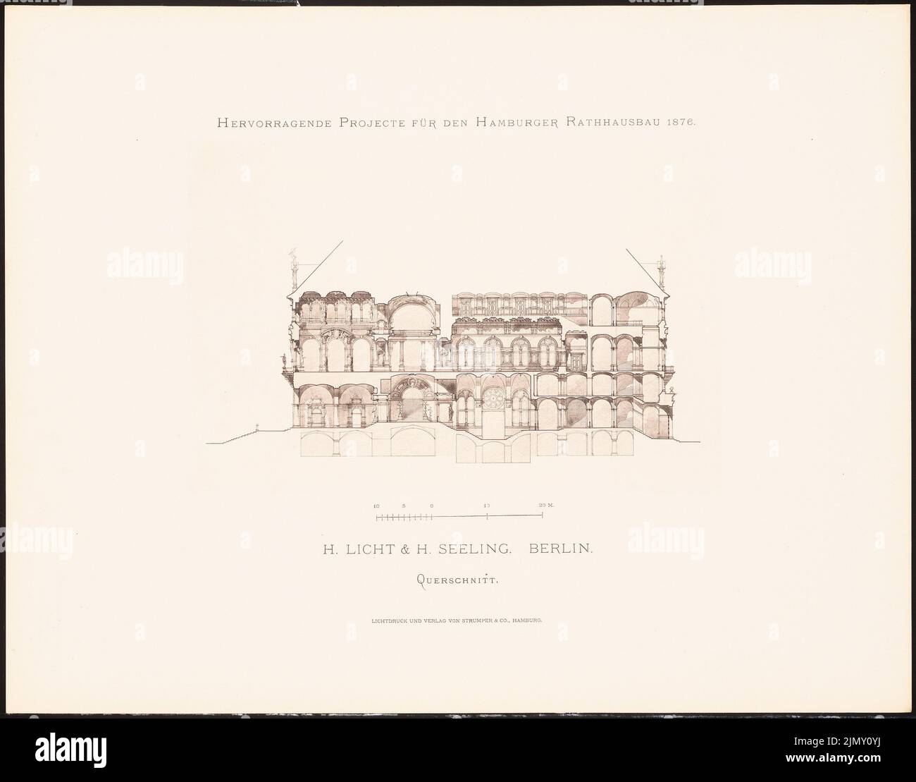 Seeling Heinrich (1852-1932), progetti eccellenti per l'edificio del municipio di Amburgo nel 1876 (1876-1876): Sezione trasversale. Leggera pressione sulla carta, 35,2 x 44,9 cm (inclusi i bordi di scansione) Foto Stock
