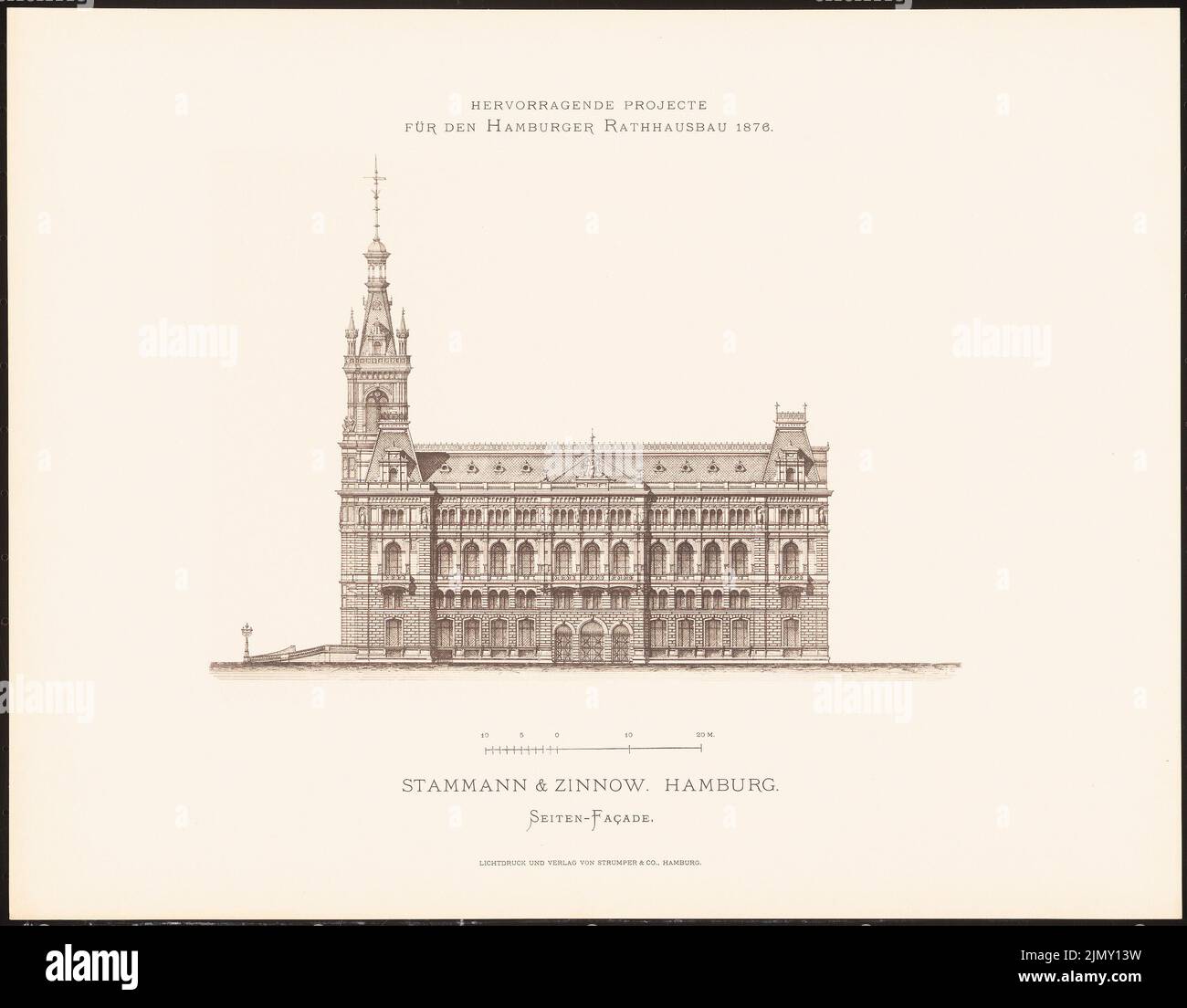 Stammann & Zinnow, progetti eccellenti per la costruzione del municipio di Amburgo nel 1876 (1876-1876): Vista laterale. Leggera pressione sulla carta, 35 x 44,8 cm (inclusi i bordi di scansione) Foto Stock