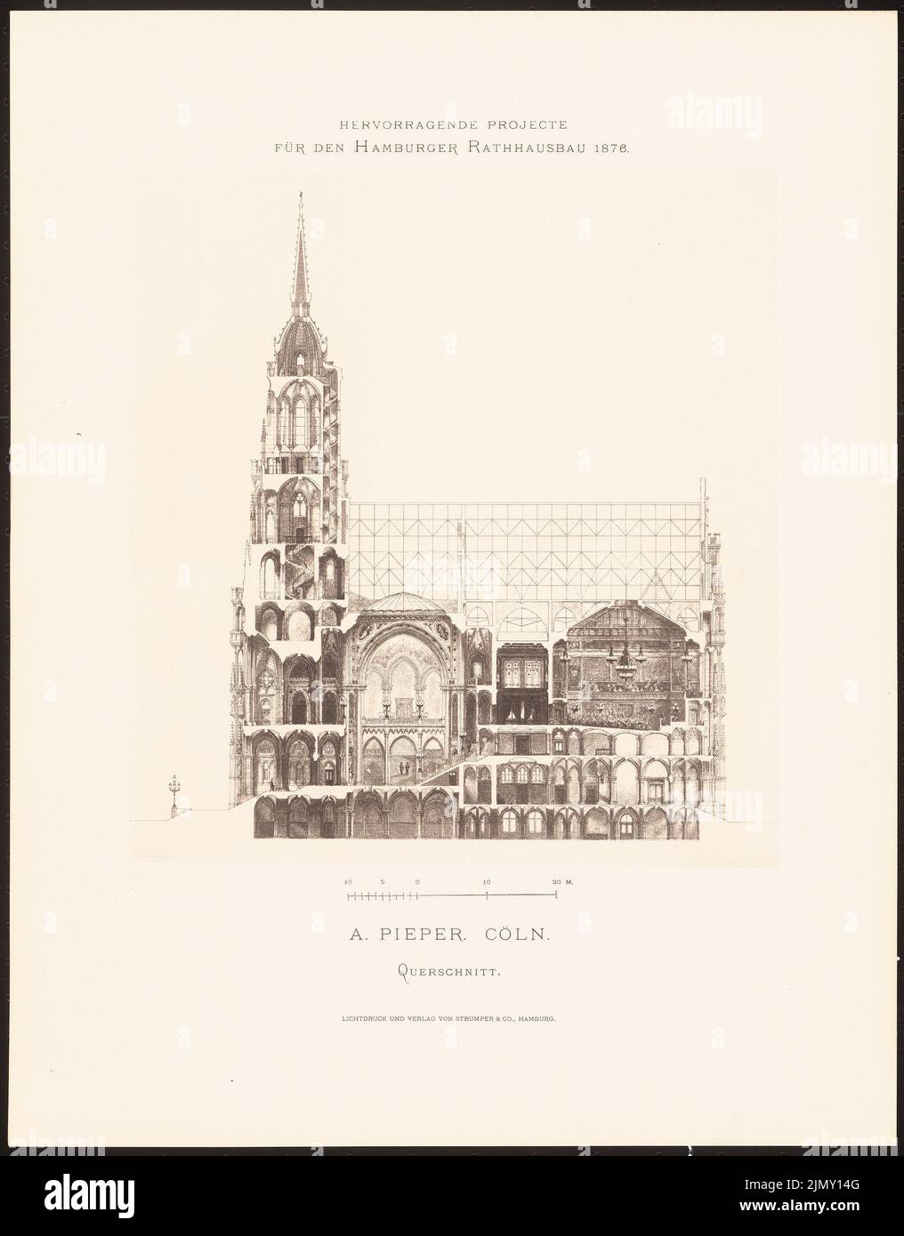 Pieper A., eccellenti progetti per la costruzione del municipio di Amburgo nel 1876 (1876-1876): Sezione trasversale. Leggera pressione sulla carta, 45,1 x 35,3 cm (inclusi i bordi di scansione) Foto Stock