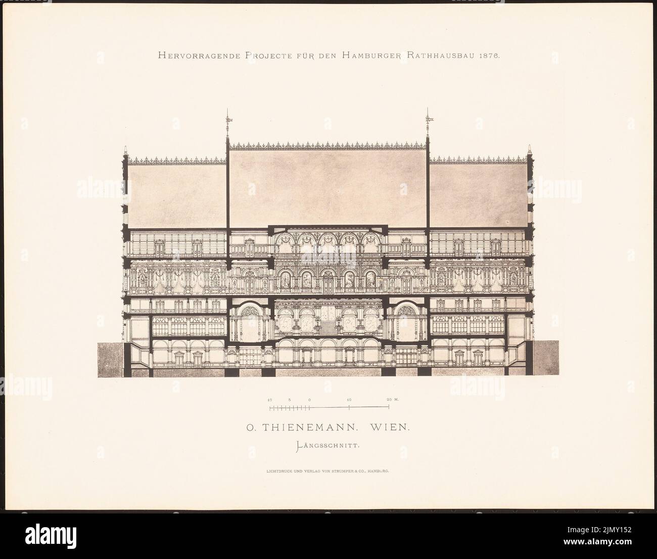 Thienemann otto, progetti eccellenti per la costruzione del municipio di Amburgo nel 1876 (1876-1876): Sezione longitudinale. Leggera pressione sulla carta, 35 x 44,8 cm (inclusi i bordi di scansione) Foto Stock