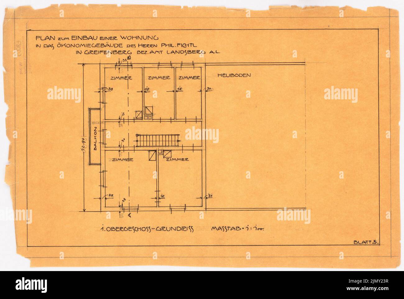 Rüster Emil (1883-1949), ampliamento dell'edificio agricolo di Greifenberg (ca 1905-1909): pianta 1: 100. Inchiostro su trasparente, 23,8 x 35,5 cm (inclusi i bordi di scansione) Foto Stock