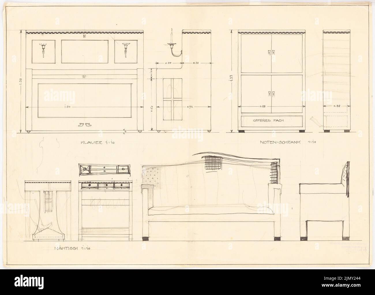 Rüster Emil (1883-1949), pianoforte, mobile musica e tavolo da cucire (senza data): Viste 1:10. Inchiostro e matita su trasparente, 35 x 48,8 cm (inclusi i bordi di scansione) Foto Stock