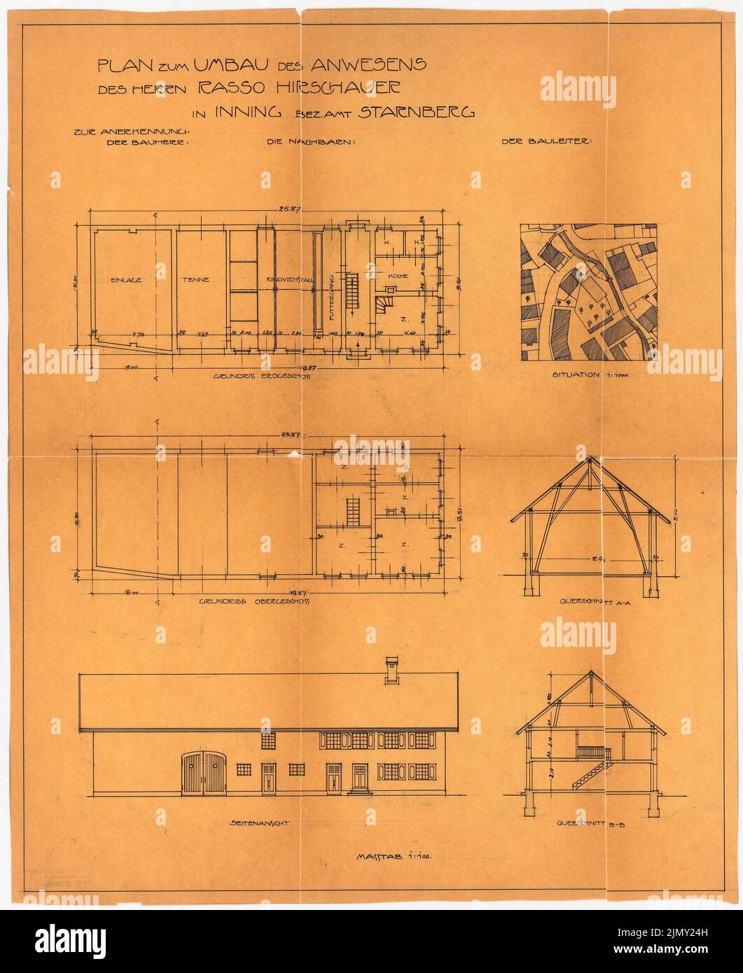 Rüster Emil (1883-1949), conversione della proprietà Hirschauer a Inning (ca 1905-1909): Reparto 1: 1000, planimetria EG e OG, tagli, vista pagina, 1: 100. Inchiostro su trasparente, 67,3 x 55 cm (inclusi i bordi di scansione) Foto Stock