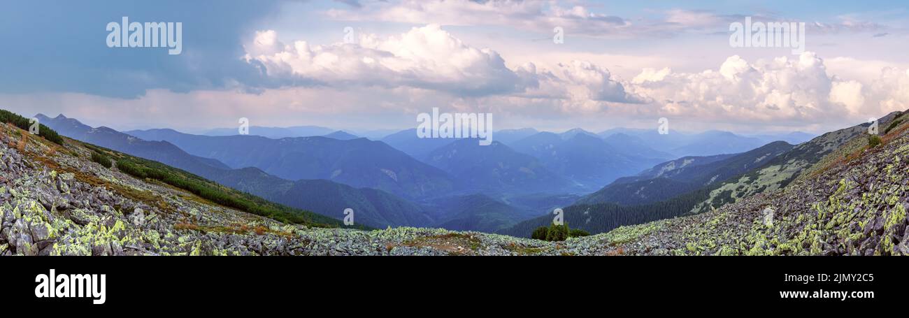 Estate sunrise panorama di montagna (Carpazi, Ucraina). Foto Stock