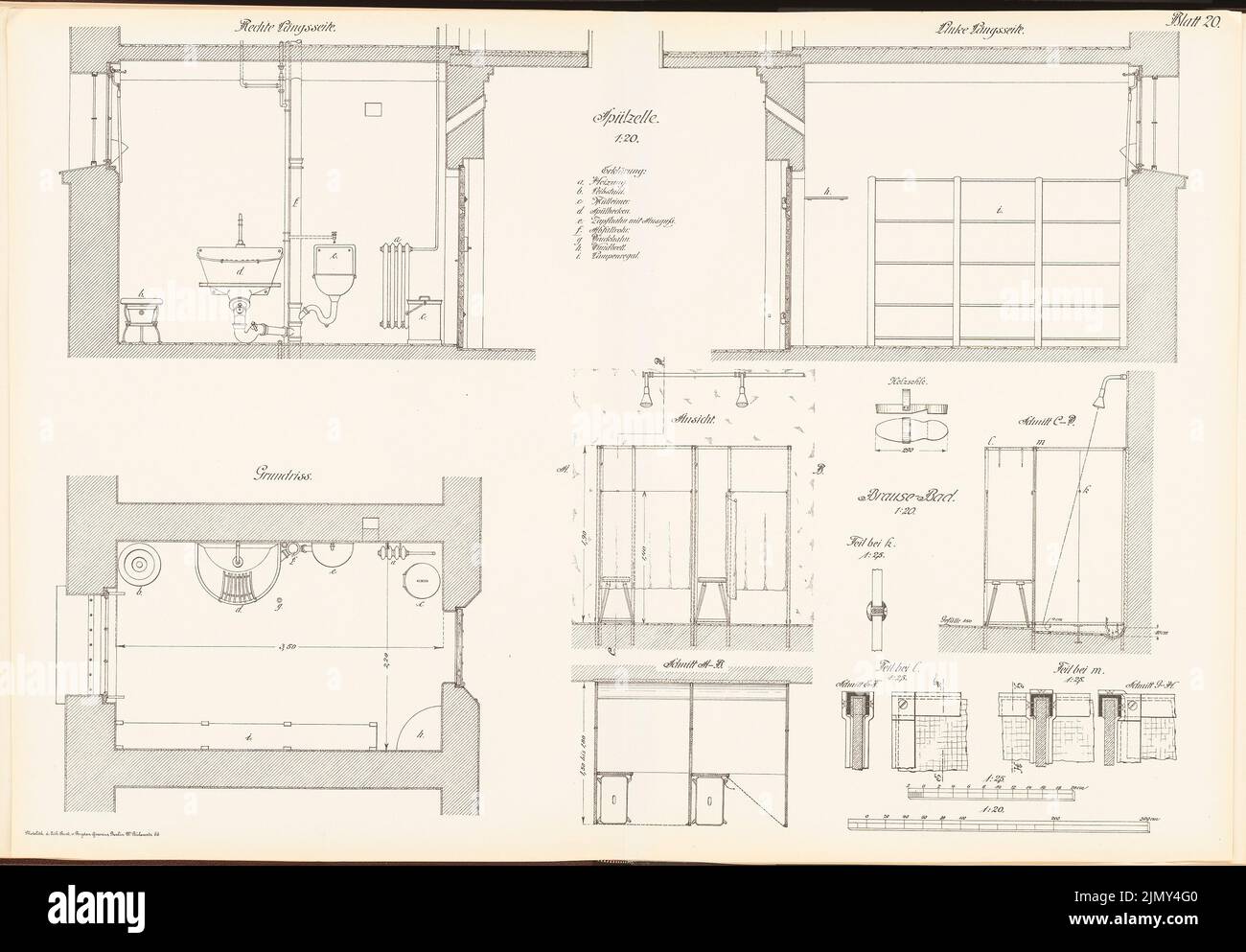 Ministero del lavoro pubblico, Rinse Cell, Brausenbad (da: Disegni di esempio per l'espansione da parte delle prigioni in Prussia, edit. Il lato lungo sinistro, tagli, dettagli 1:20. Leggera pressione sulla carta, 45,8 x 65,9 cm (inclusi i bordi di scansione) Foto Stock