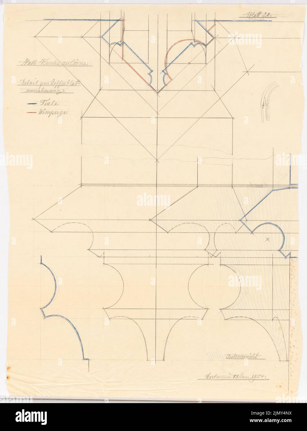 Klomp Johannes Franziskus (1865-1946), San Liborio (con canonica), Dortmund-Körne (18 gennaio 1904): Dettaglio sul quadrante (1:1). Matita colorata su trasparente, 73,9 x 56,3 cm (inclusi i bordi di scansione) Foto Stock