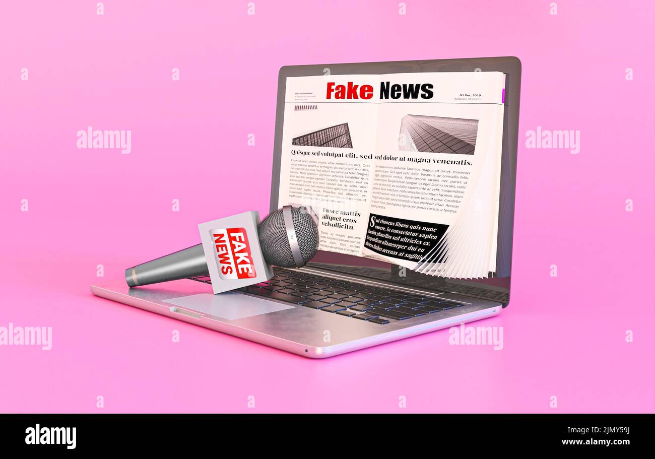Laptop con microfono per pagina web di notizie falso Foto Stock