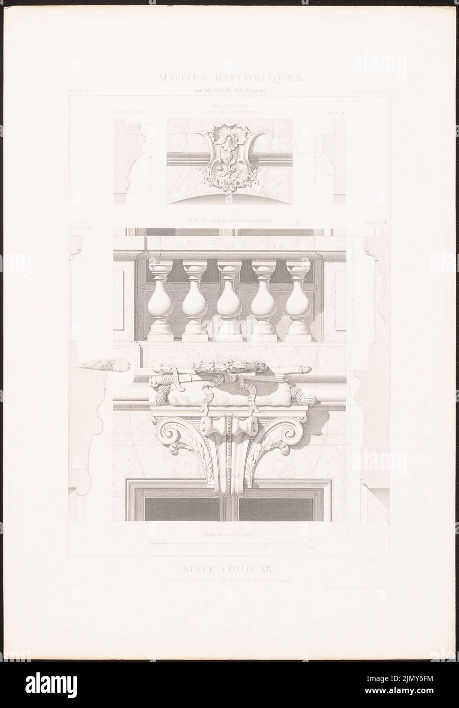 N.N., chiavi a croce e porte, Versailles. (AUS: Motivi storici di architettura e scultura di Ornazione, HRSG.V. César Daly, bd.2, Parigi 1870.) (1870-1870): Ansicht, Schnitte, Details. Carta per pinzatura, 45,8 x 31,8 cm (a inchiostro Scanränder). Voi archivurmuseum inv. N. B 1925,015. Foto Stock