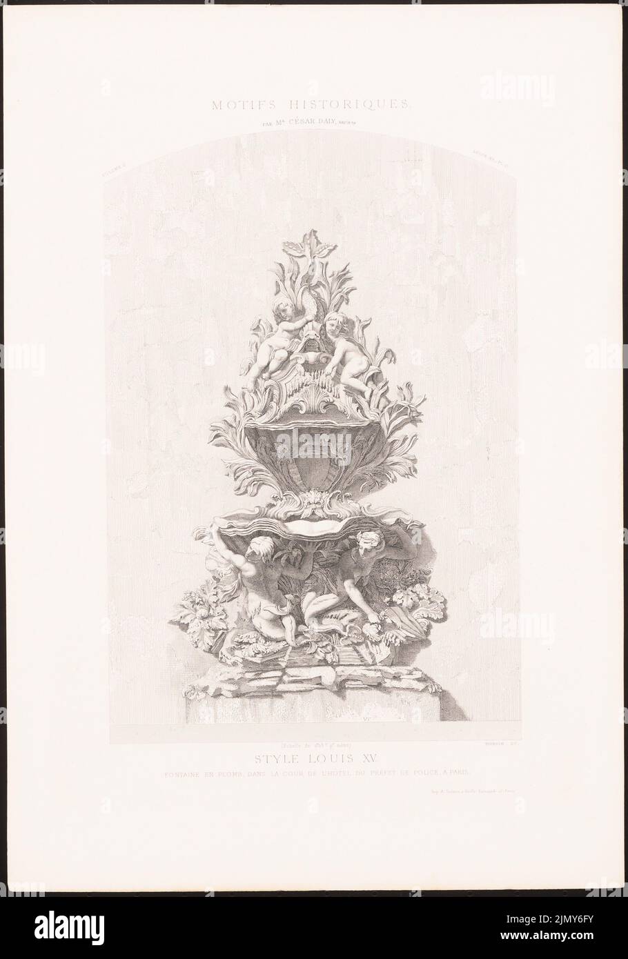 N.N., fontana di piombo nel cortile del prefetto di polizia, Parigi. (Aus: Motivi storici di architettura e scultura ornamentale, HRSG.V. Césa (1870-1870): Ansicht Brunnen. Carta per pinzatura, 45,5 x 31,8 cm (a inchiostro Scanränder). . N. B 1925,042. Foto Stock