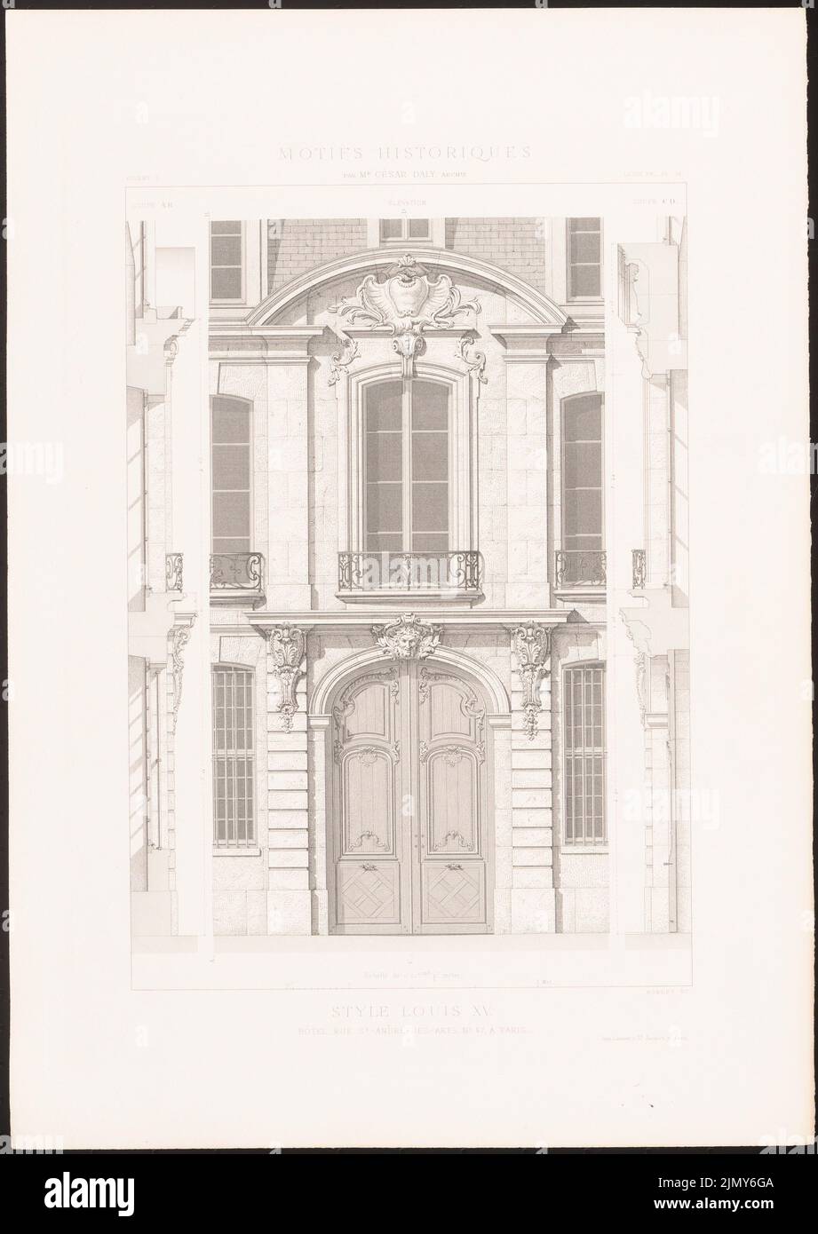 N.N., Hôtel, Rue Saint André-Des-Arts, Parigi. (Da: Motifs historiques d´Architecture et de sculpture d´ornement, ed. V. César Daly, Vol. Stitch su carta, 45,2 x 32 cm (compresi i bordi di scansione) Foto Stock