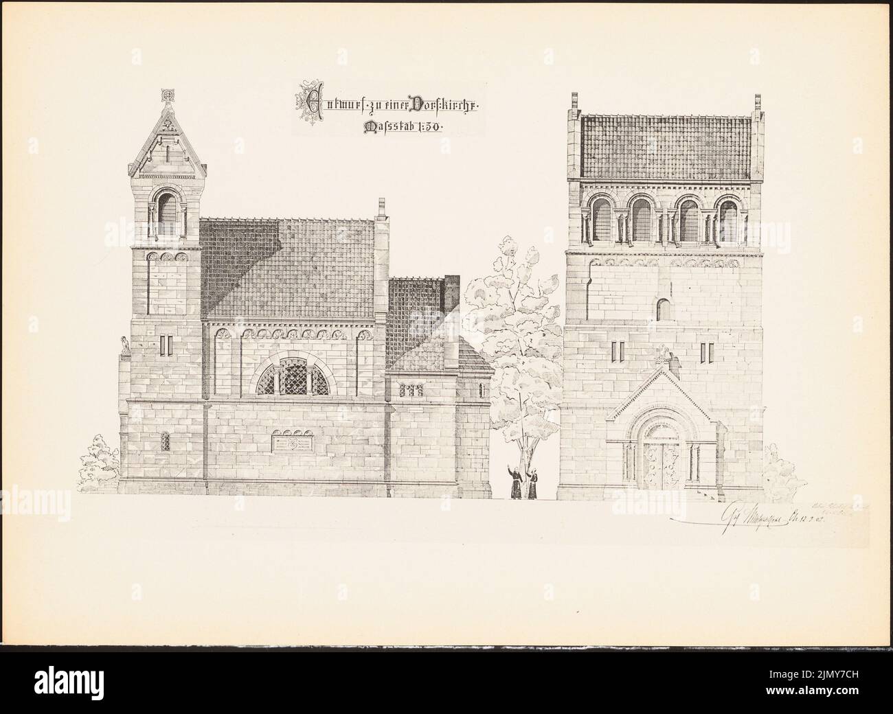 Schulze Oskar, chiesa del villaggio. (Da: Stampe dei lavori di seminario della Royal Technical University di Berlino, Vol. I) (12.02.1902): Vista, vista laterale. Pressione sulla carta, 24,2 x 33,1 cm (inclusi i bordi di scansione) Foto Stock