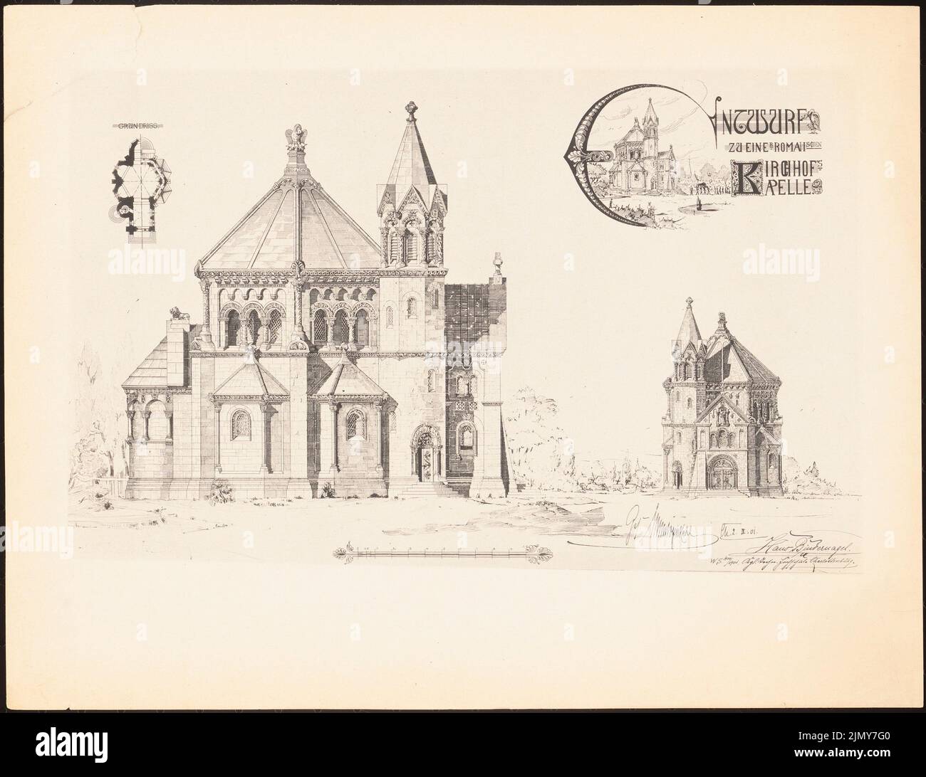 Bindenail Hans, chiesa romanica corte cappella. (Da: Stampe dei lavori di seminario della Royal Technical University di Berlino, Vol. I) (02.03.1901): Pianta, vista prospettica, viste. Pressione sulla carta, 25,4 x 32,9 cm (inclusi i bordi di scansione) Foto Stock