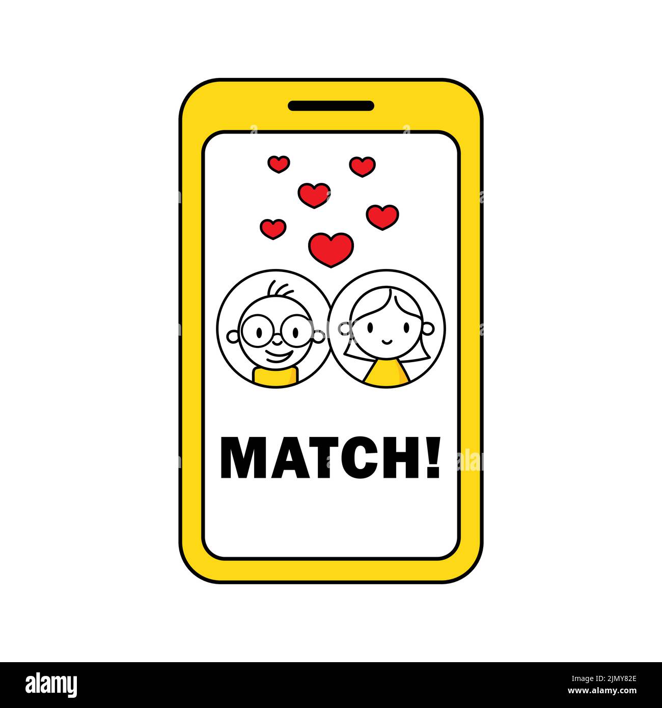 Partita di coppia nell'applicazione online sullo smartphone. Online dating concetto. Creazione di coppie virtuali. Illustrazione dello stock vettoriale. Illustrazione Vettoriale
