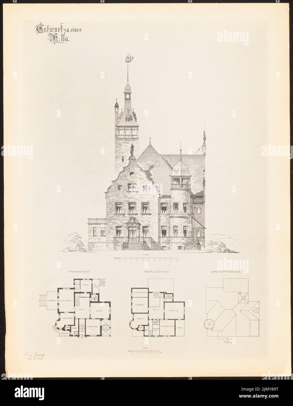 Berghoff Franz, Villa. (Da: Stampe di lavori di seminario della Royal Technical University di Berlino, Vol. II) (03,1901): Grundriss EG, piano 1st, soffitta, vista. Pressione sulla carta, 32,9 x 25,4 cm (inclusi i bordi di scansione) Foto Stock