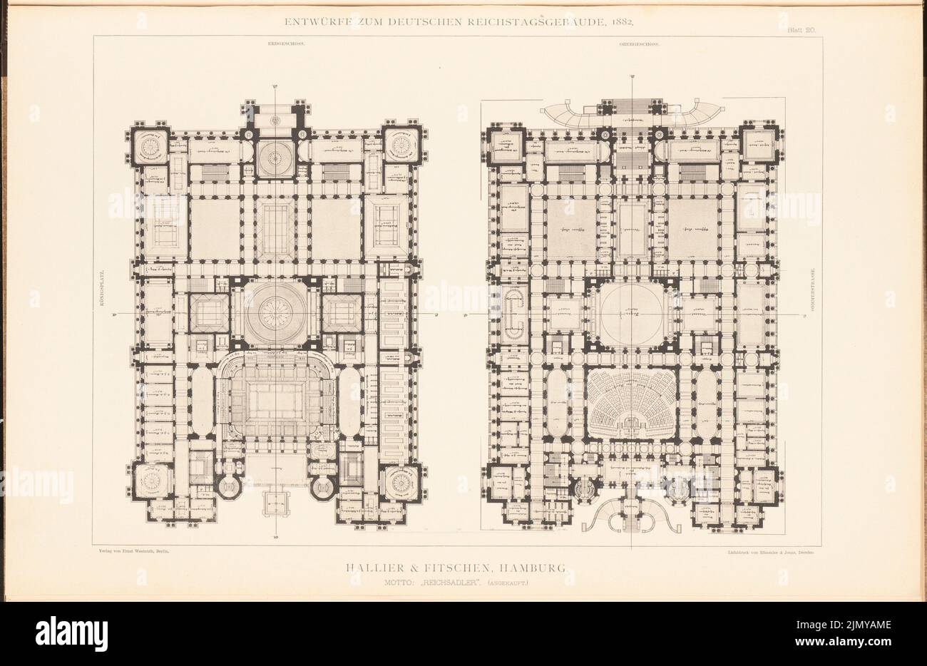 Hallier & Fitschen, edificio del parlamento per il Reichstag tedesco a Berlino nel 1882. (Da: Cartella di raccolta di eccellenti progetti della concorrenza H. 6, ed. 2 x 46,5 cm (compresi i bordi di scansione) Foto Stock