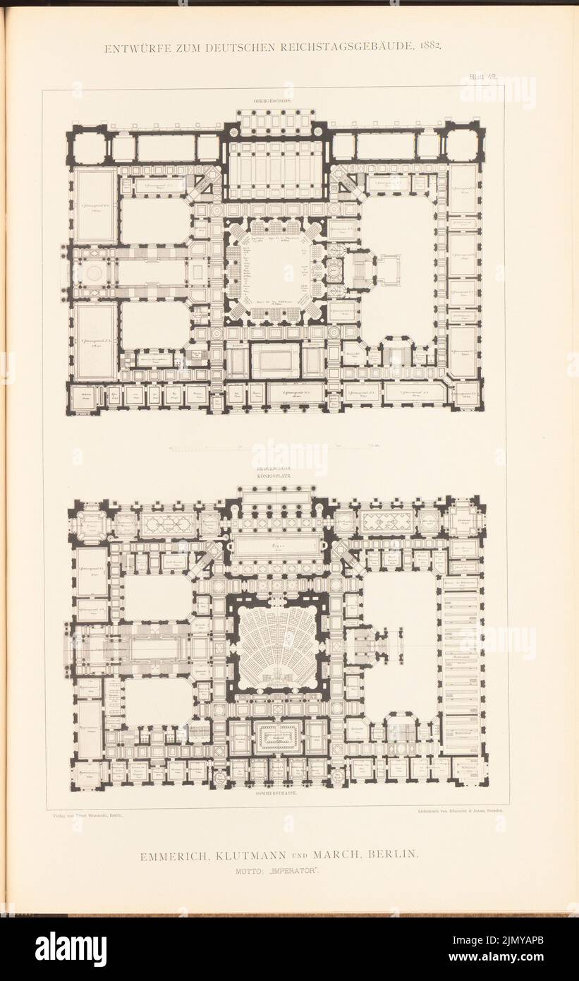 Emmerich, Kluthmann & March, edificio del parlamento per il Reichstag tedesco a Berlino nel 1882. (Da: Cartella collettiva di eccellenti progetti della concorrenza H. 6, ed. 46,5 x 29,4 cm (compresi i bordi di scansione) Foto Stock