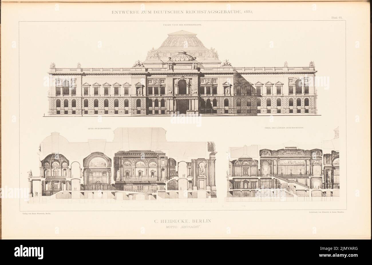 Heidecke Christian (1837-1925), edificio parlamentare per il Reichstag tedesco a Berlino nel 1882. (Da: Cartella collettiva di eccellenti progetti della concorrenza H. 6, ed. Stampa su carta, 29,8 x 46,3 cm (inclusi i bordi di scansione) Foto Stock