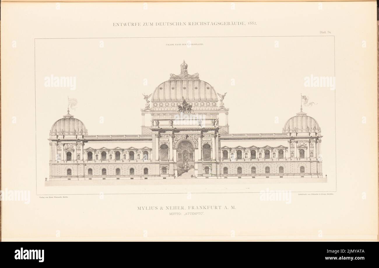 Mylius & Neher, edificio del parlamento per il Reichstag tedesco a Berlino nel 1882. (Da: Cartella di raccolta di eccellenti disegni competitivi H. 6, ed., 3 cm (incl Scansione bordi) Foto Stock