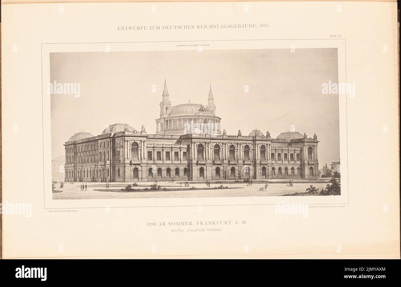 Sommer Oscar (1840-1894), edificio parlamentare per il Reichstag tedesco a Berlino nel 1882. (Da: Cartella collettiva di eccellenti progetti della concorrenza H. 6, ed. 30,1 x 46,5 cm (compresi i bordi di scansione) Foto Stock