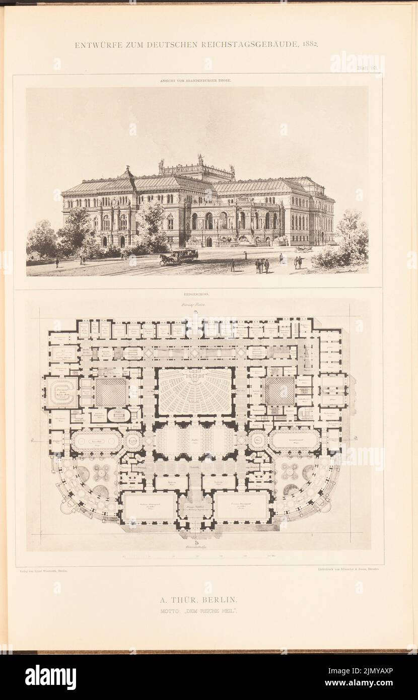 Thür A., edificio del parlamento per il Reichstag tedesco a Berlino nel 1882. (Da: Cartella di raccolta di eccellenti progetti della concorrenza H. 6, ed., 7 x 29,8 cm (compresi i bordi di scansione) Foto Stock