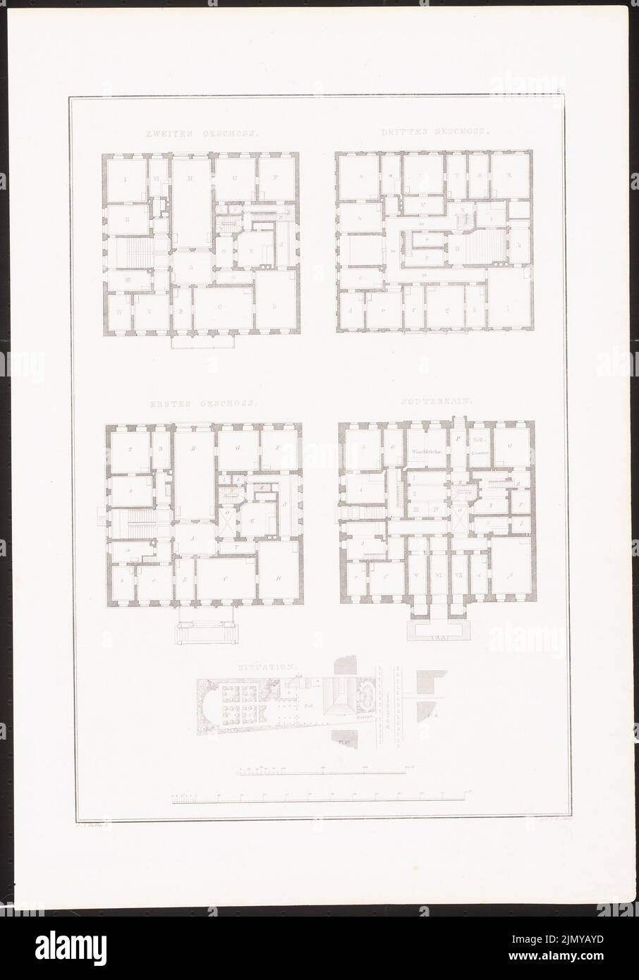 Knoblauch Eduard (1801-1865), edificio residenziale Bellevuestrasse, Berlino. (Da: Architectural album, Vol. 1, H.3, HRSG.V. Stüler, Knoblauch, Salzenberg, Strack, Runge, Potsdam 1839.) (1839-1839): mappa, piano, 1st piano, 2nd , 3rd Stampa su carta, 48,5 x 33,8 cm (inclusi i bordi di scansione) Foto Stock