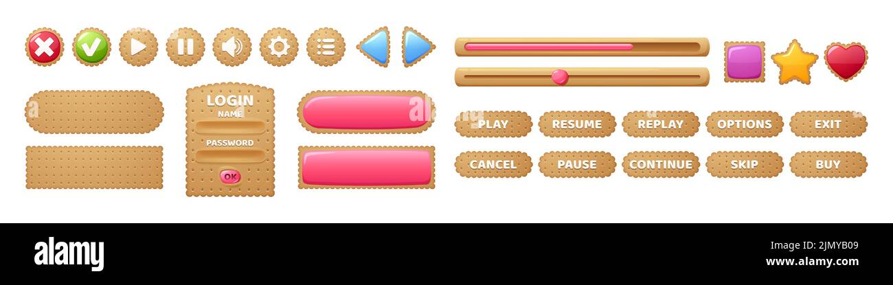 Pulsanti di gioco cookie, interfaccia menu di cracker texture. Finestra Cartoon, opzioni, piastre di impostazione, barre di avanzamento dell'interfaccia utente ed elementi gui. Pannelli utente, tavole, cursori, tasti, set di modelli di disegno vettoriale Illustrazione Vettoriale