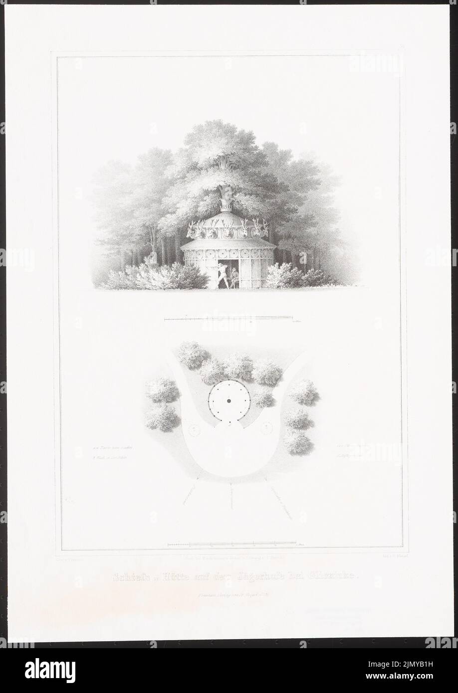 Persius Ludwig (1803-1845), Schießhütte sulla Jägerhofe vicino a Glienicke. (Da: Architectural album, Vol. 1, H.9, Hrsg.V. Stüler, Knoblauch, Salzenberg, Strack, Potsdam 1842.) (1842-1842): Piano dipendente, vista prospettica. Litografia su carta, 48,4 x 34,2 cm (inclusi i bordi di scansione) Foto Stock
