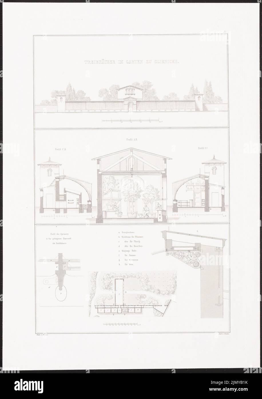 Persius Ludwig (1803-1845), serre nel giardino di glienicke. (Da: Album architettonico, Vol. 1, H.9, ed. Stüler, Knoblauch, Salzenberg, Strack, Potsdam 1842.) (1842-1842): pianta del sito, vista, tagli. Cucitura su carta, 48,3 x 34,1 cm (inclusi i bordi di scansione) Foto Stock