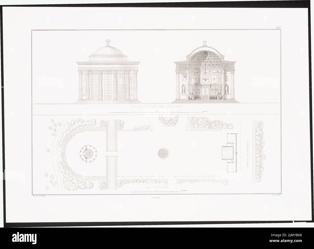 Scheppig Carl (1803-1885), Princely Park, Sondershausen. (Da: Architectural album, Vol. 1, H.6, Hrsg.V. Stüler, Knoblauch, Salzenberg, Strack, Runge, Potsdam 1840.) (1840-1840): Pianta del sito, vista, padiglione in sezione. Cucitura su carta, 35,8 x 49,3 cm (inclusi i bordi di scansione) Foto Stock