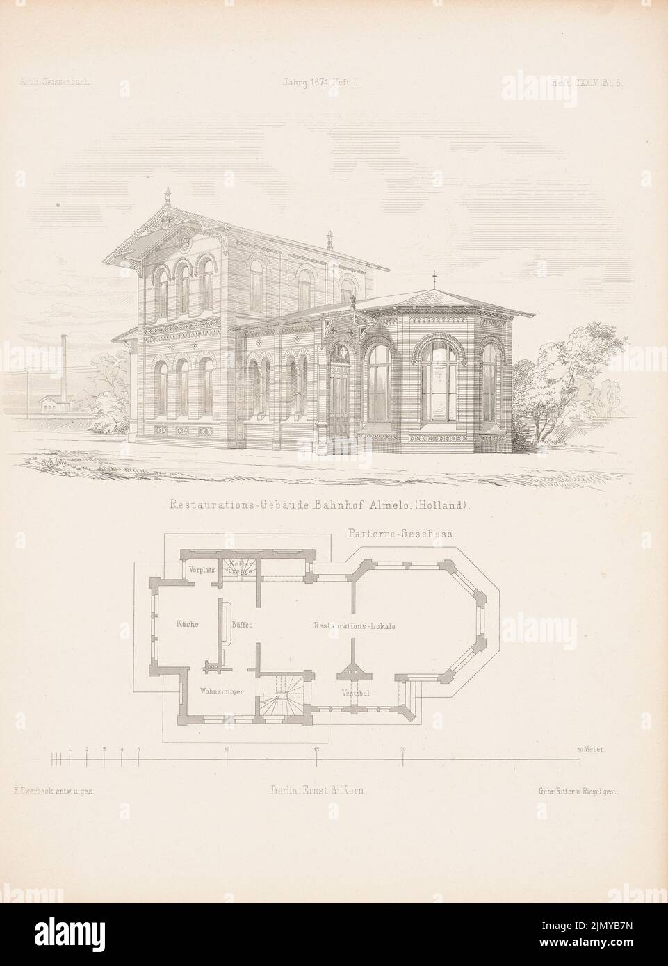 Ewerbeck, Franz (1839-1889), edificio di restauro presso la stazione ferroviaria, Holl. (Da: Architectural sketchbook, H. 124/1, 1874.) (1874-1874): Grundriss ad es., vista prospettica. Cucitura su carta, 34 x 25,1 cm (inclusi i bordi di scansione) Foto Stock