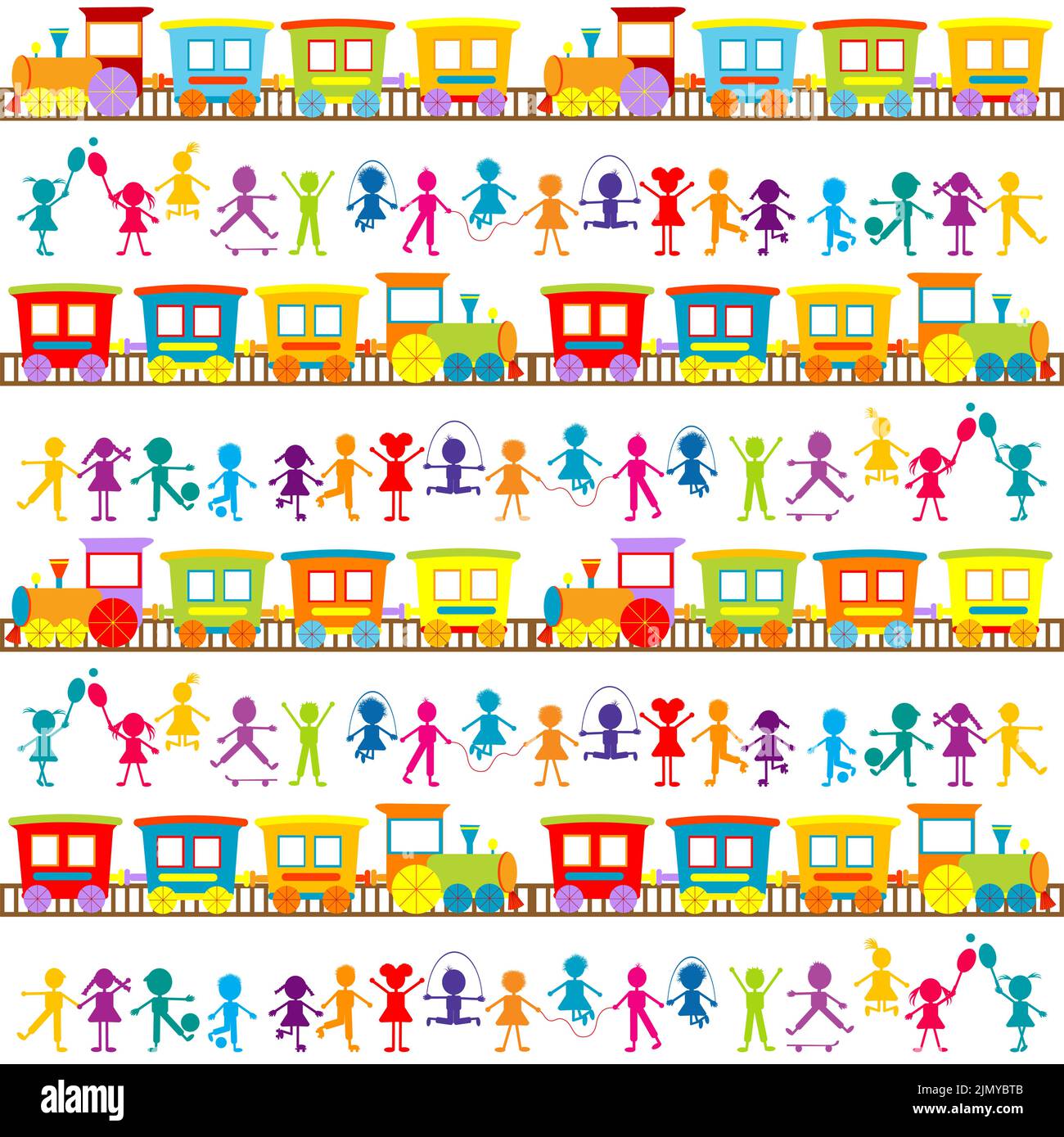 Sfondo per bambini con cartoni animati stilizzati a mano disegnati bambini e treni colorati Illustrazione Vettoriale