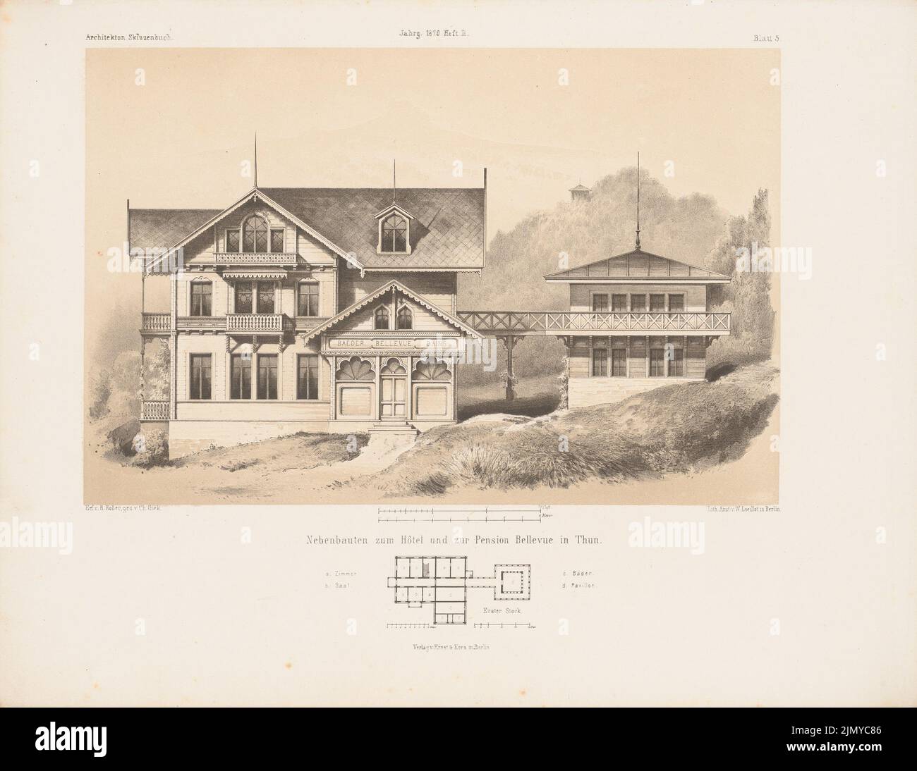 N.N., edifici di sostegno all'Hotel Bellevue, Thun. (Da: Architectural sketchbook, H. 102/2, 1870.) (1870-1870): Pianta del pavimento, vista (R. Rullo). Litografia colorata su carta, 26,6 x 34,4 cm (inclusi i bordi di scansione) Foto Stock