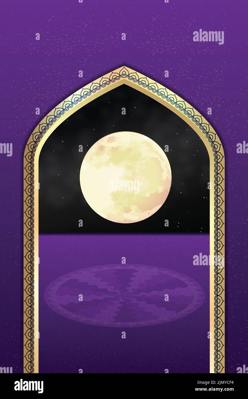 Luna Night Sky intricato tradizionale arco a punta con Mandala. Purple Festival background Graphic Resource Vector Illustration. Banner poster Illustrazione Vettoriale