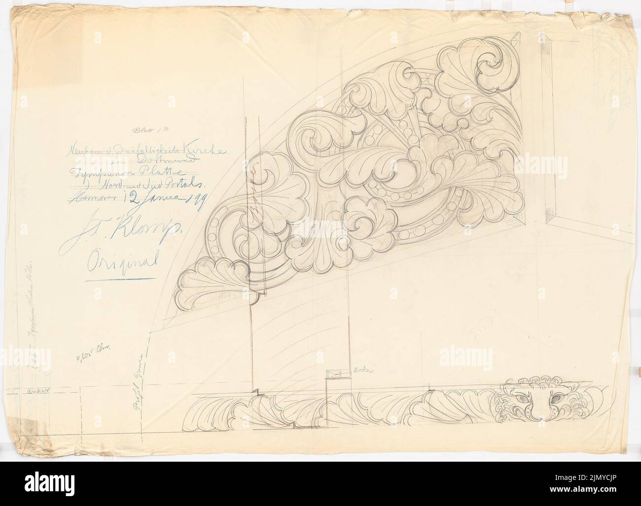 Klomp Johannes Franziskus (1865-1946), Chiesa della Trinità (con canonica), Dortmund (12.01.1899): Particolare del pannello del timpano sul portale sud e nord 1: 1. Matita colorata su trasparente, 115,3 x 159,7 cm (inclusi i bordi di scansione) Foto Stock