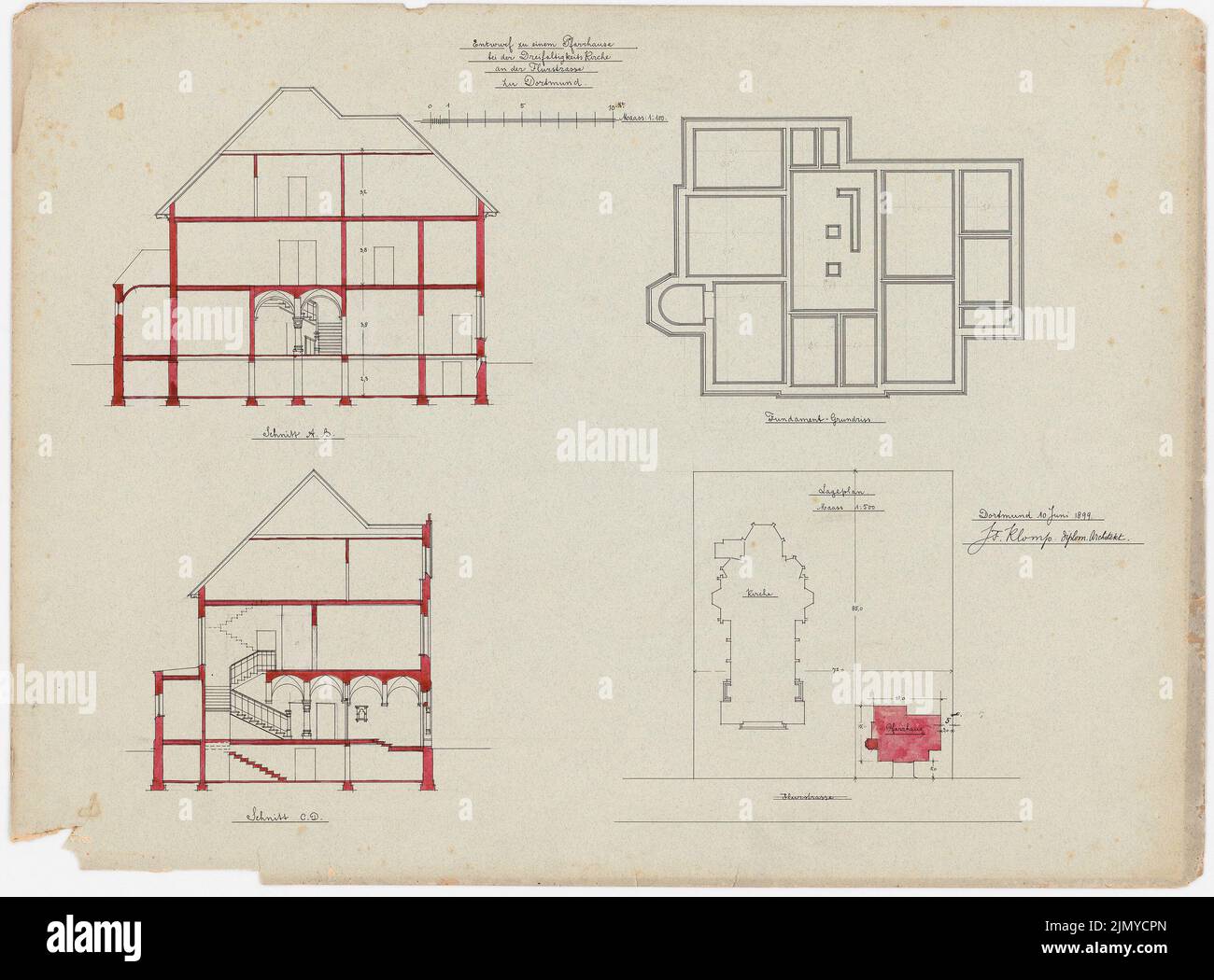 Klomp Johannes Franziskus (1865-1946), Trinity Church (con canonica), Dortmund (10 giugno 1899): Canonica, tagli, piano di fondazione 1:100 e piano di cantiere 1:500. Tusche, acquerello a matita sulla scatola, 49,3 x 66,6 cm (inclusi i bordi di scansione) Foto Stock