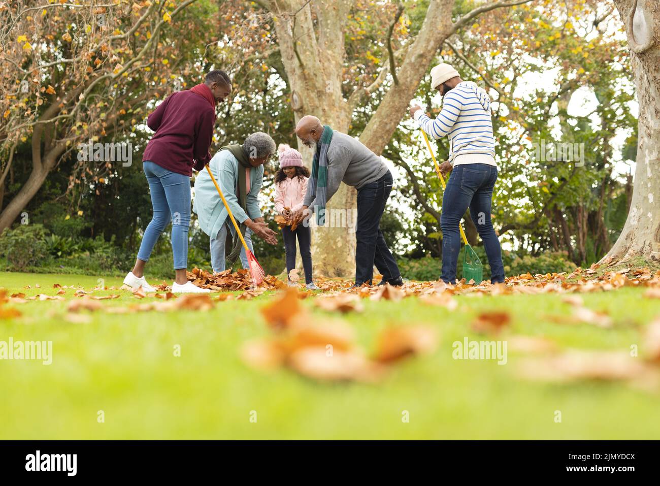 Immagine della famiglia afroamericana felice che fa scorrere le foglie nel giardino d'autunno Foto Stock