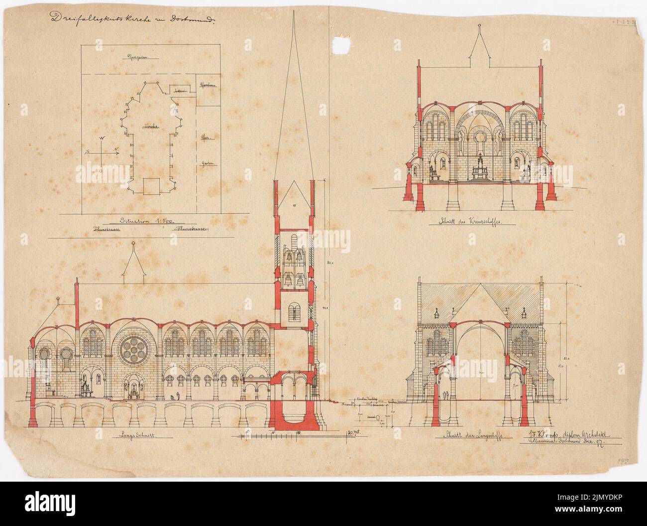 Klomp Johannes Franziskus (1865-1946), Chiesa della Trinità (con canonica), Dortmund (12,1897): Dipartimento 1: 500, sezione longitudinale e sezioni trasversali 1: 200. Acquerello Tusche sulla scatola, 48,3 x 65 cm (inclusi i bordi di scansione) Foto Stock