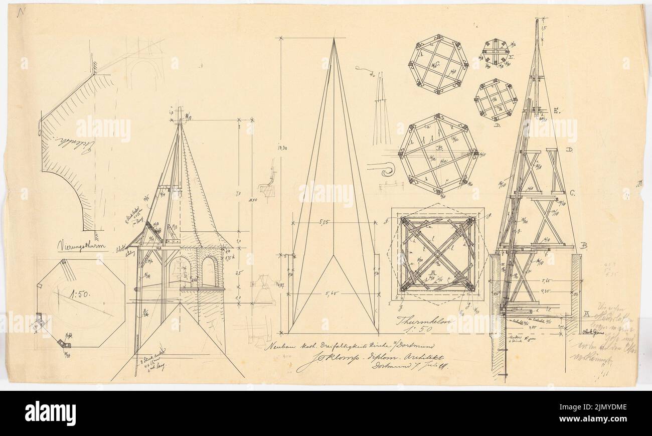 Klomp Johannes Franziskus (1865-1946), Chiesa della Trinità (con canonica), Dortmund (07.07.1899): Costruzione del casco della torre 1:50. Inchiostro, matita su trasparente, 48,1 x 80,2 cm (inclusi i bordi di scansione) Foto Stock