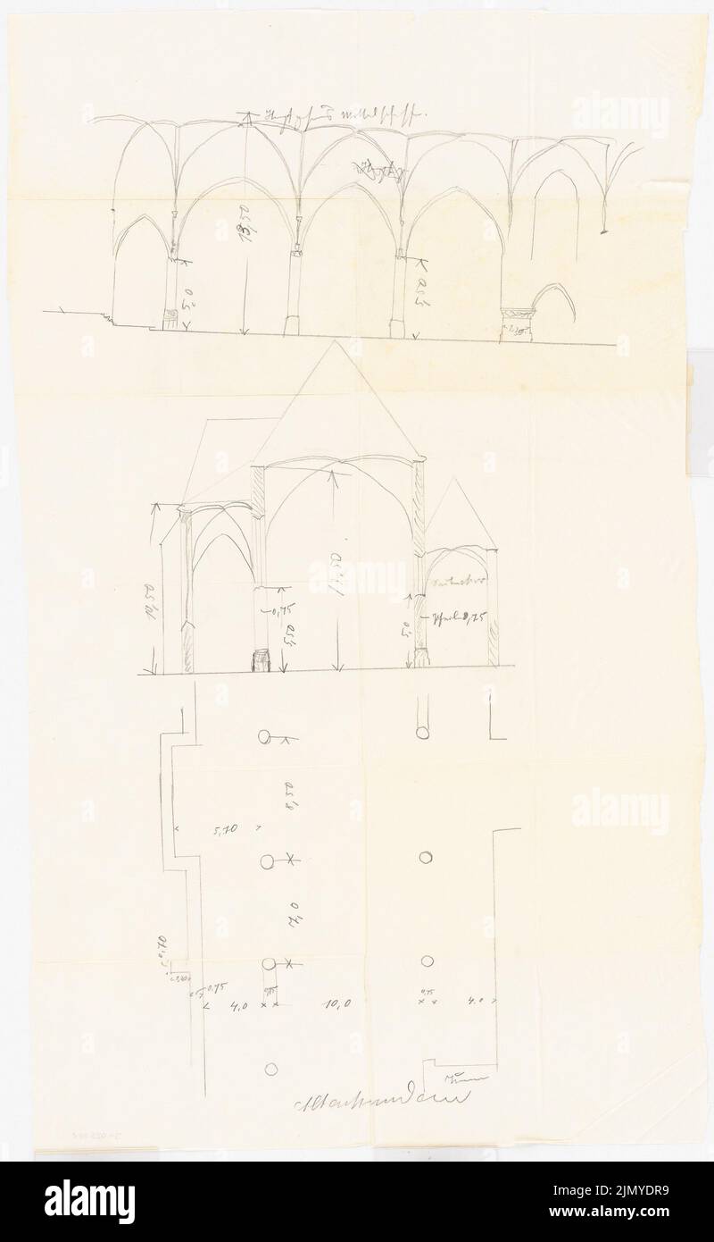 Klomp Johannes Franziskus (1865-1946), Sant'Agata, Lennestadt-Altenhundem (0-0): Sezione longitudinale, sezione trasversale e pianta della nave lunga (1: 100). Matita su trasparente, 76,4 x 47 cm (inclusi i bordi di scansione) Foto Stock