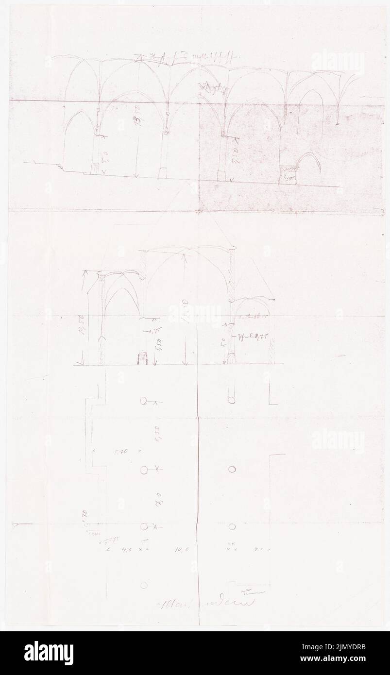 Klomp Johannes Franziskus (1865-1946), Sant'Agata, Lennestadt-Altenhundem (0-0): Sezione longitudinale, sezione trasversale e pianta della nave lunga (1: 100). Fotocopie su carta, 74,7 x 46,1 cm (inclusi i bordi di scansione) Foto Stock
