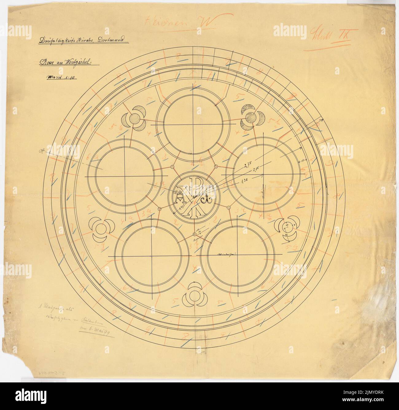 Klomp Johannes Franziskus (1865-1946), Trinity Church (con canonica), Dortmund (06.05.1899): Rosetta del timpano occidentale 1:10. Inchiostro, matita, matita colorata su trasparente, 69,4 x 72,3 cm (inclusi i bordi di scansione) Foto Stock