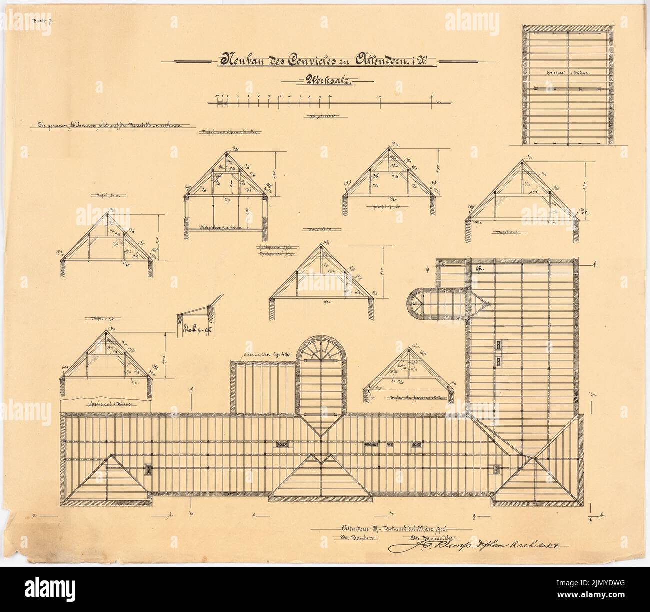 Klomp Johannes Franziskus (1865-1946), Collegium Bernhardinum, Attendorn (16 marzo 1906): Pianta del pavimento e tagli della struttura del tetto 1: 100. Inchiostro su trasparente, 55,3 x 63,3 cm (inclusi i bordi di scansione) Foto Stock