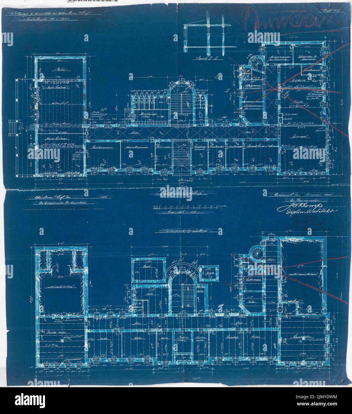 Klomp Johannes Franziskus (1865-1946), Collegium Bernhardinum, Attendorn (1906): Piano terra e piano seminterrato 1: 100. Matita, matita colorata su carta, 67,5 x 61,4 cm (inclusi i bordi di scansione) Foto Stock