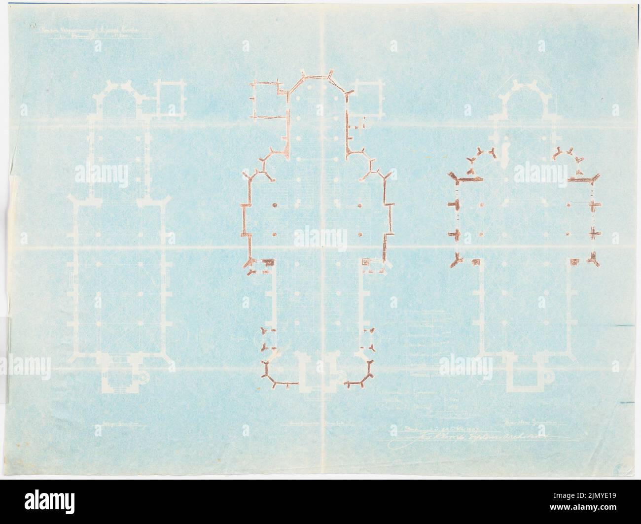 Klomp Johannes Franziskus (1865-1946), ampliamento del St. Joseph-Kirche, Hamm (22 ottobre 1907): Pianta del vecchio piano e nuovo piano terra e processo a volta 1: 200. Matita colorata su carta, 48,3 x 64,5 cm (inclusi i bordi di scansione) Foto Stock