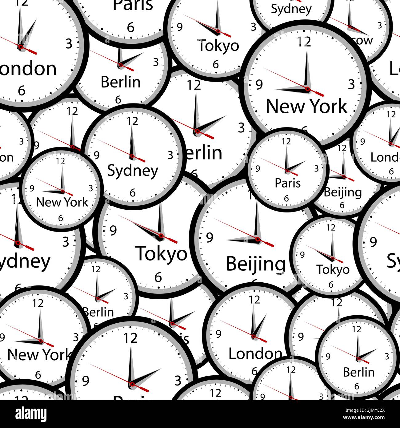 Modello senza giunture con orologi da parete e ora in diverse città Illustrazione Vettoriale