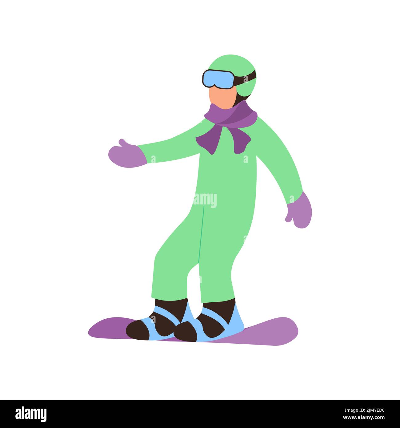 Snowboarder in formazione per imparare a cavalcare isolato su sfondo bianco. Concetto di scuola di snowboard. Illustrazione del vettore Flat Art Illustrazione Vettoriale