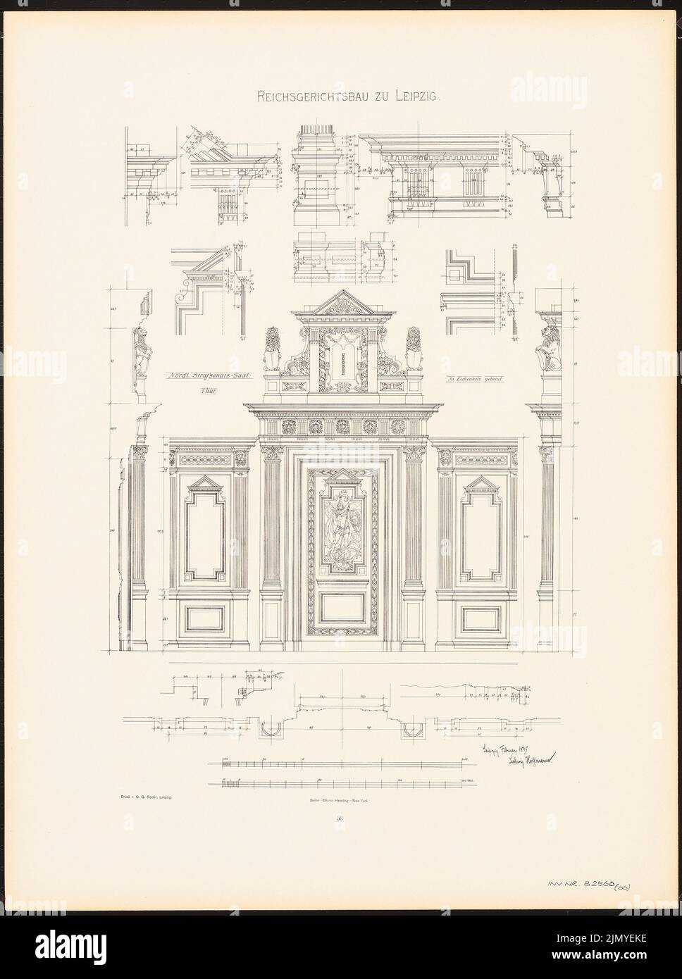 Hoffmann Ludwig (1852-1932), Reichsgericht di Lipsia (1898): Sala del Senato penale del Nord (porta e dettagli) (da: L.H., Reichsgerichtsbau zu Leipzig, Berlino 1898, targa 53). Pressione sulla carta, 61,2 x 45,7 cm (inclusi i bordi di scansione) Foto Stock