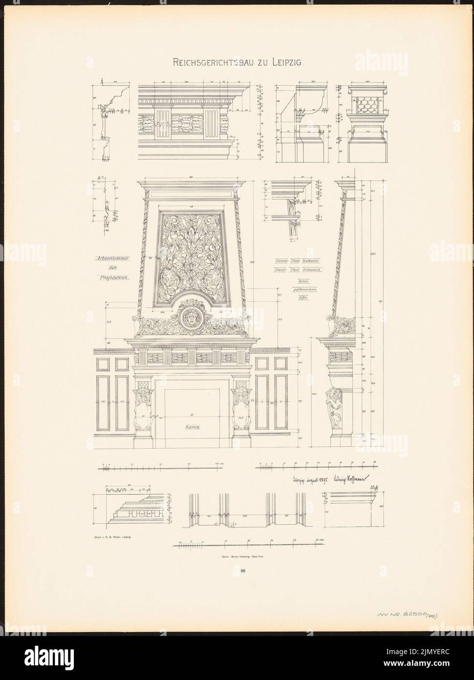 Hoffmann Ludwig (1852-1932), Reichsgericht di Lipsia (1898): Studio del presidente (caminetto, pannello e dettagli) (da: L.H., Palazzo della Corte del Reich di Lipsia, Berlino 1898, targa 86). Stampa su carta, 61,1 x 45,5 cm (inclusi i bordi di scansione) Foto Stock