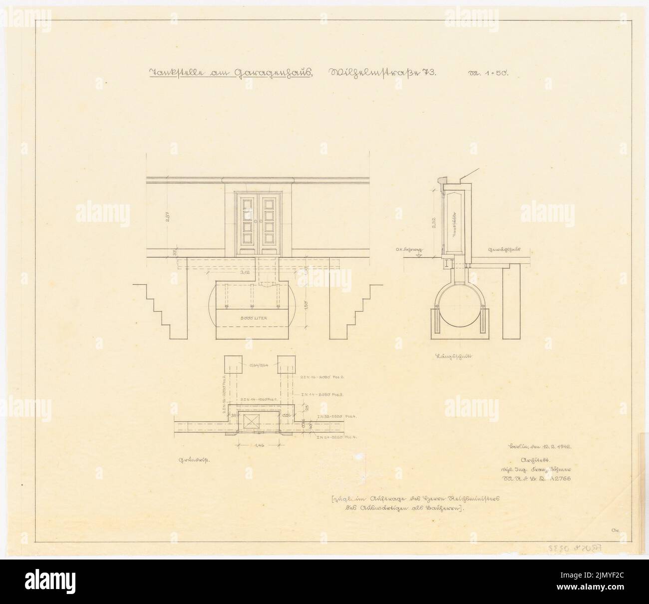 Böhmer Franz (1907-1943), appartamento ufficiale del ministro degli Esteri Reich Joachim von Ribbentrop a Berlino-Mitte (1941-1941): Garagehaus in giardino: Distributore di benzina 1:50. Matita su trasparente, 40,1 x 46,6 cm (inclusi i bordi di scansione) Foto Stock